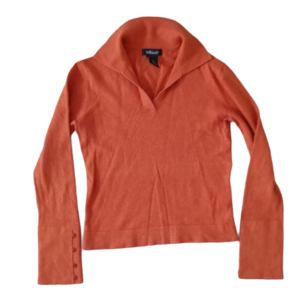 Silk - Angora Blend V-Neck Collared Long Sleeved